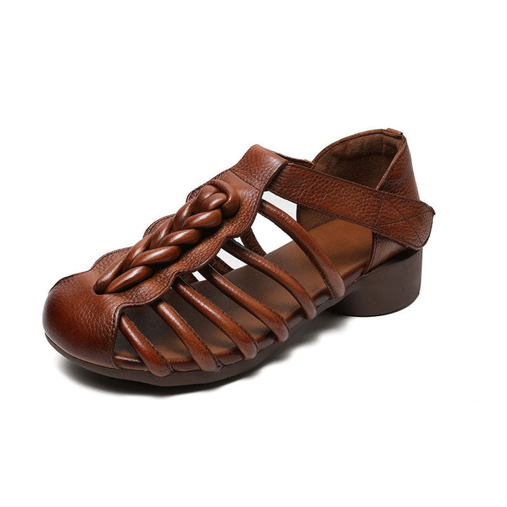 Breathable Leather Summer Sandals for Women - Round Toe Flat Walking Shoes with Velcro Strap