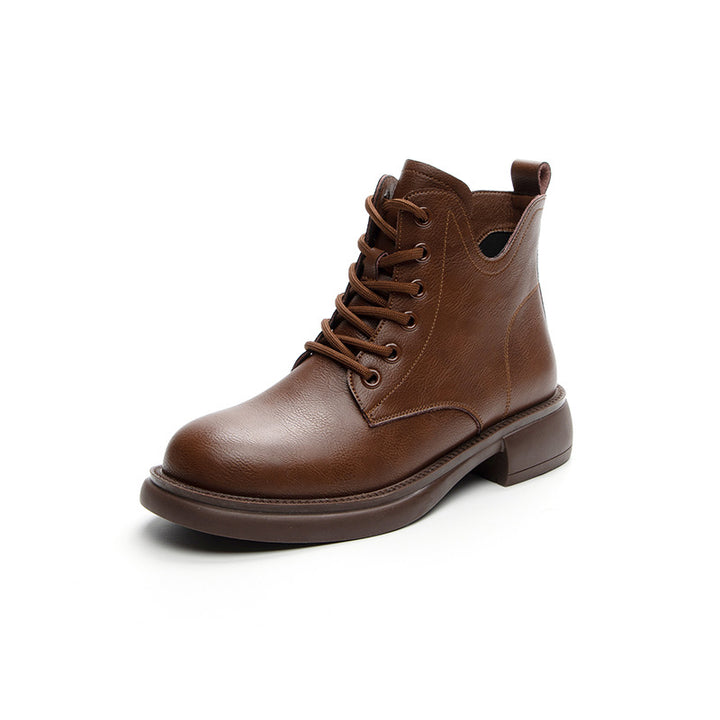 Women's Leather Ankle Boots - Vintage V-Cut Collar Lace-Up Side Zipper Booties Chunky Heel Comfort Shoes