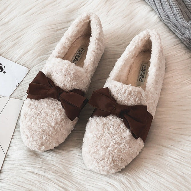 Women Bow Winter Warm & Soft Plush Fur Loafers Shoes