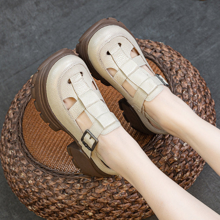 Handmade Leather Platform Sandals - Women's Chunky Round Toe Summer Gladiator Shoes