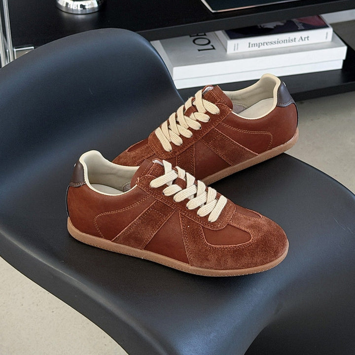 Women's Genuine Leather German Army Trainers Suede Patchwork Flat Sneakers Lace Up Casual Shoes
