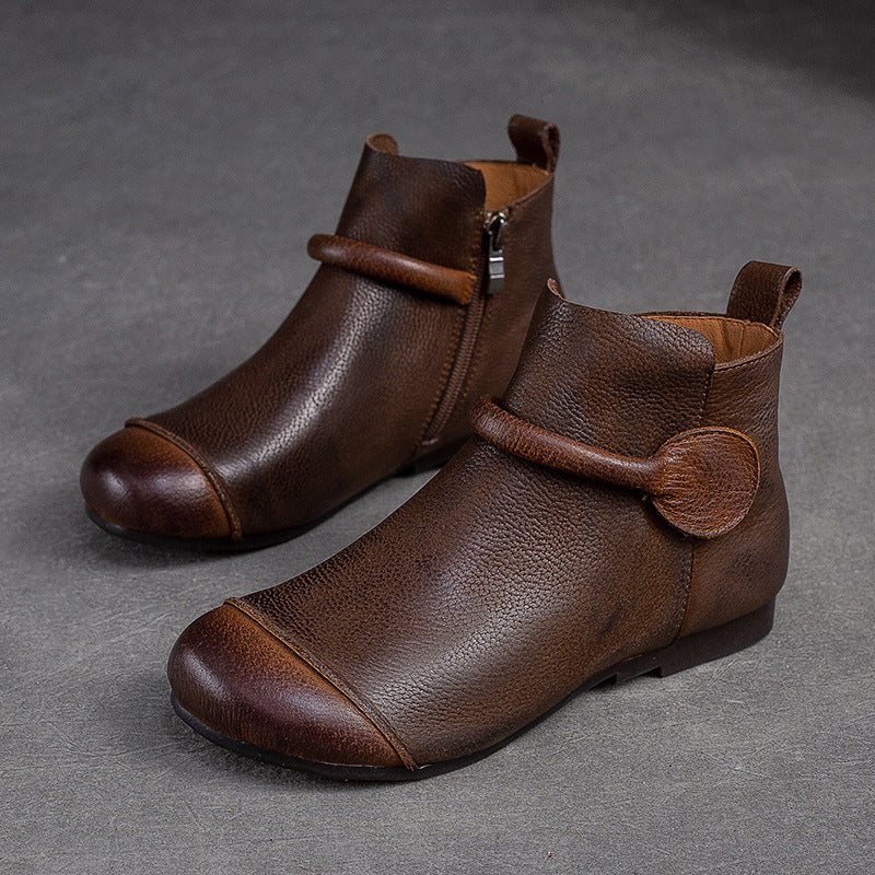 Women's Retro Leather Ankle Boots Vintage Round Toe Velcro Short Booties