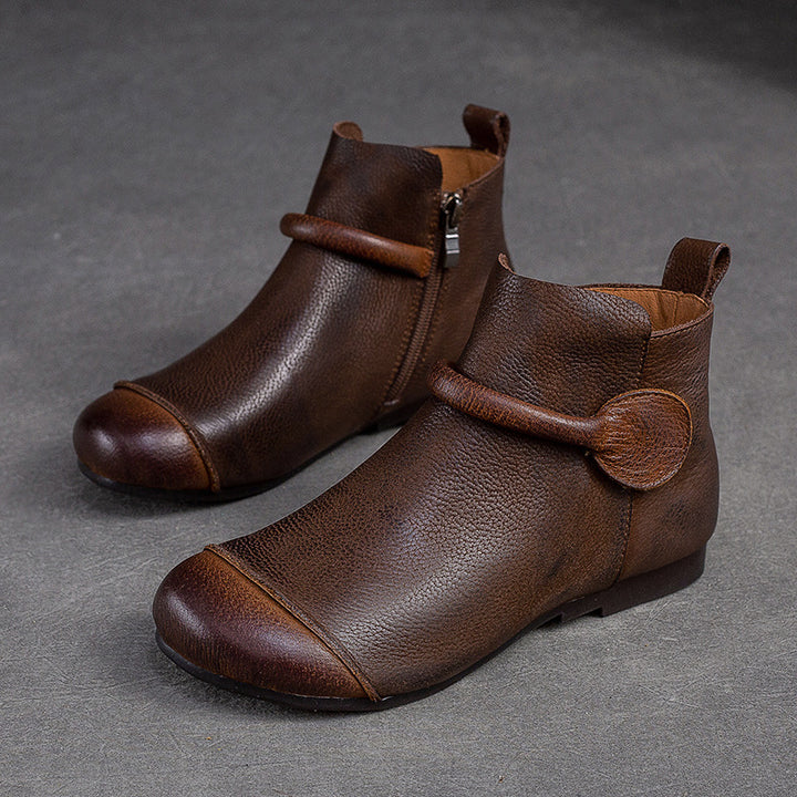 Women's Retro Leather Ankle Boots Vintage Round Toe Velcro Short Booties