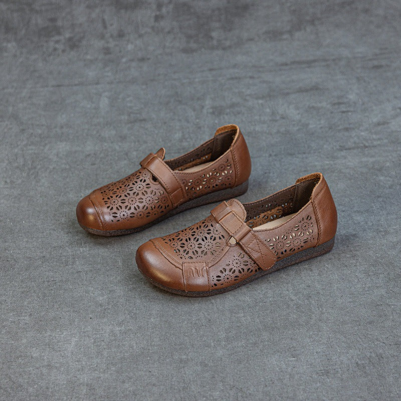 Women's Summer Leather Hollow Out Breathable Slip On Flat Sandals