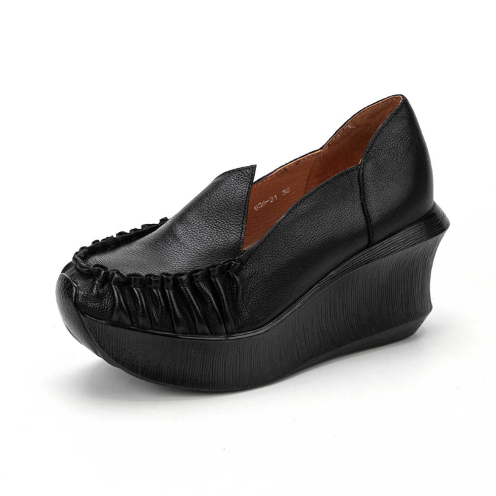 Women's Leather Platform Wedges - Ruched Toe High Heel Slip-ons