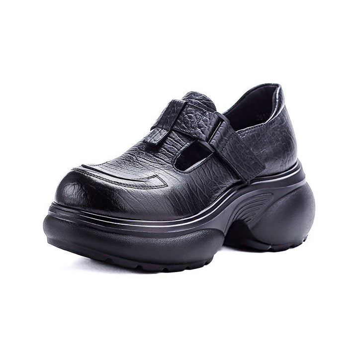 Women's Chunky Loafers - Leather Elevated Flats - Breathable Unlined Design with Velcro Strap