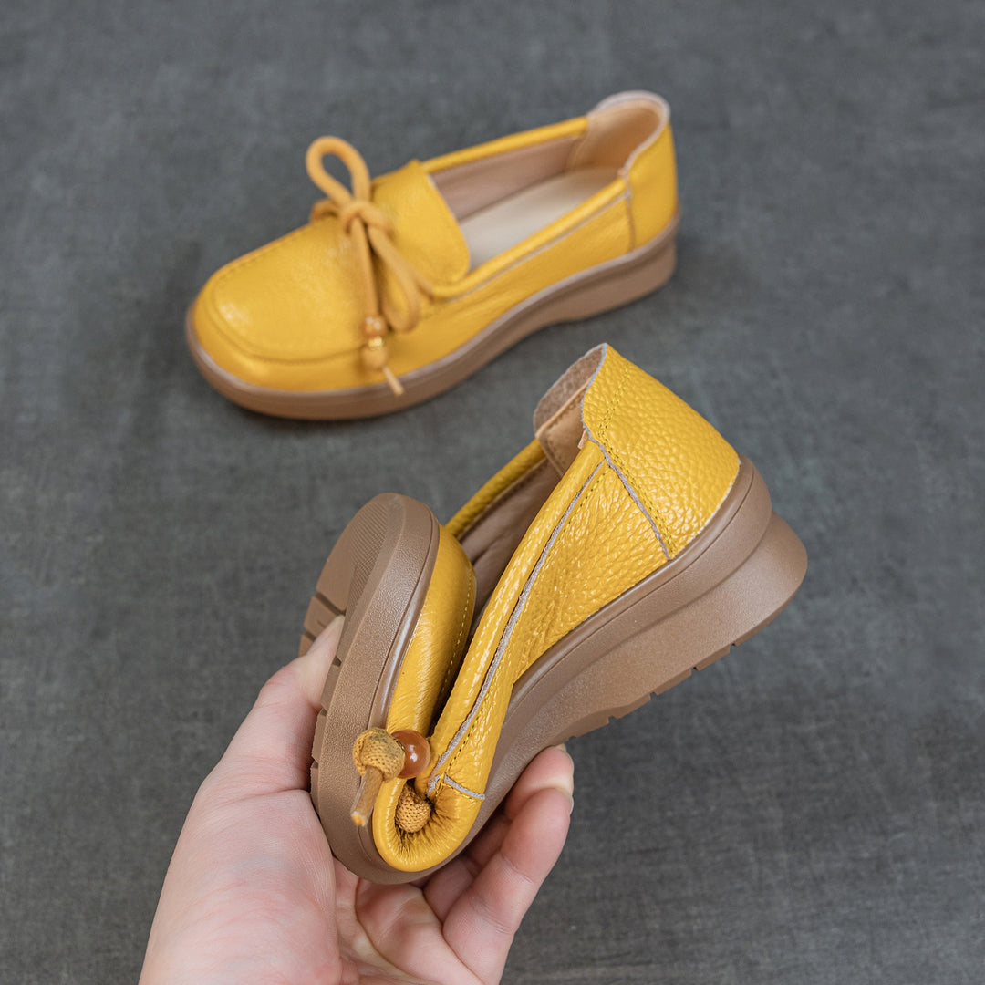 Women's Genuine Leather Loafers Beaded Knot Round Toe Slip On Platform Shoes