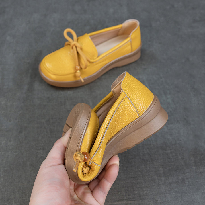Women's Genuine Leather Loafers Beaded Knot Round Toe Slip On Platform Shoes