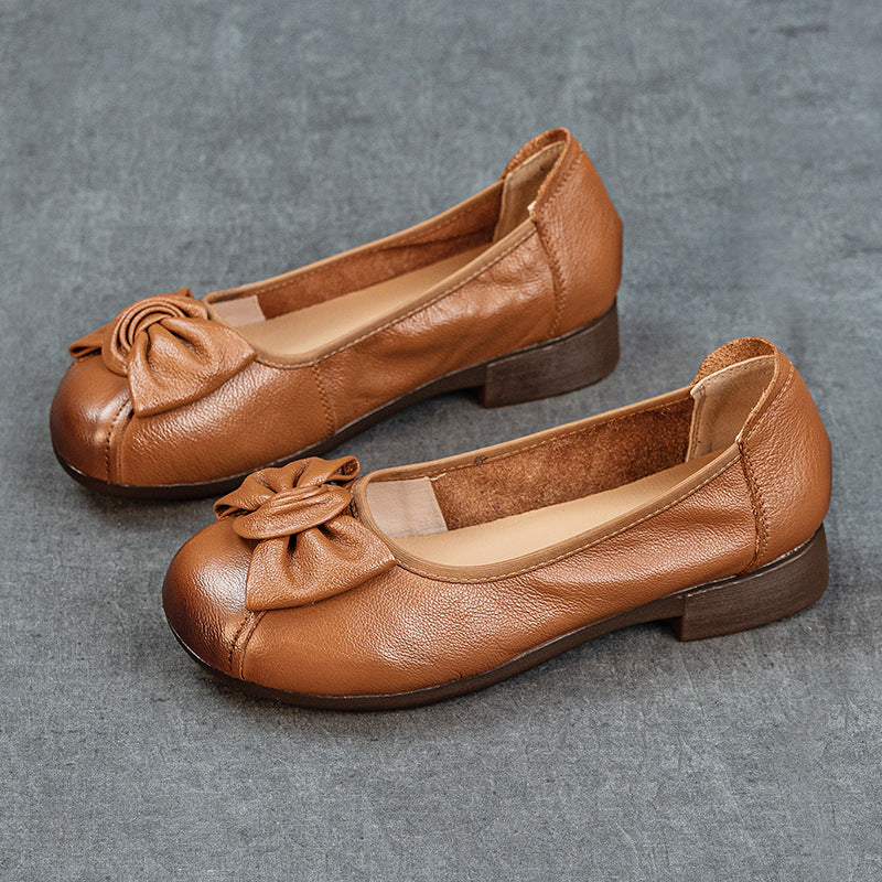Women's Genuine Leather Bowknot Ballet Flats Round Toe Slip On Low Heel Walking Shoes