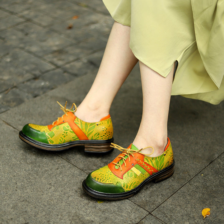 Sheepskin Leather Colorful Patchwork Flat Lace-up Women's Shoes