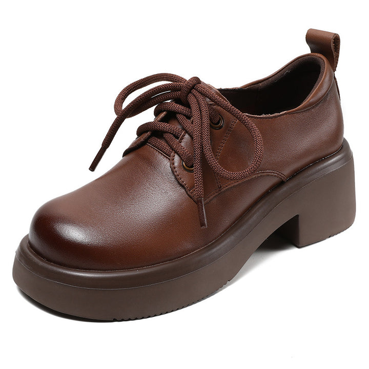 Women's Retro Leather Oxford Shoes Vintage Round Toe Platform Lace-up Chunky Heels