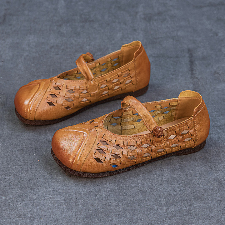 Women's Retro Woven Mary Jane Flats Vintage Leather Cutout Fisherman Sandals