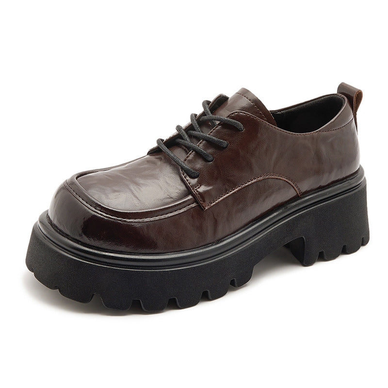 Women's Ruched Leather Oxford Shoes – Casual Chunky Platform Lace-Up