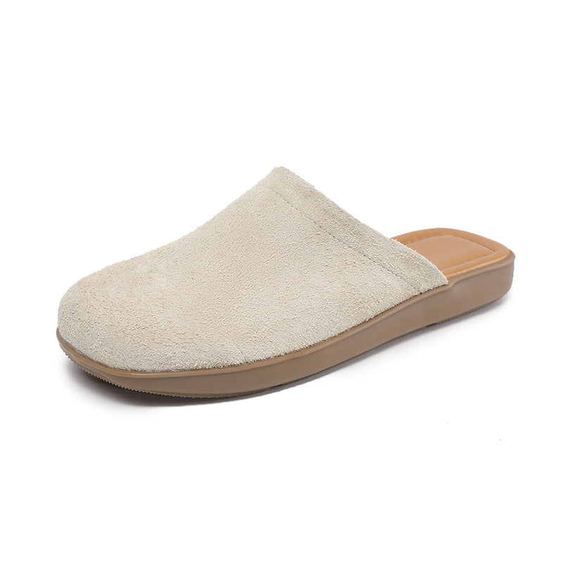 Women's Minimalist Nubuck Mules - Round-Toe Flat with Slip-On Ease