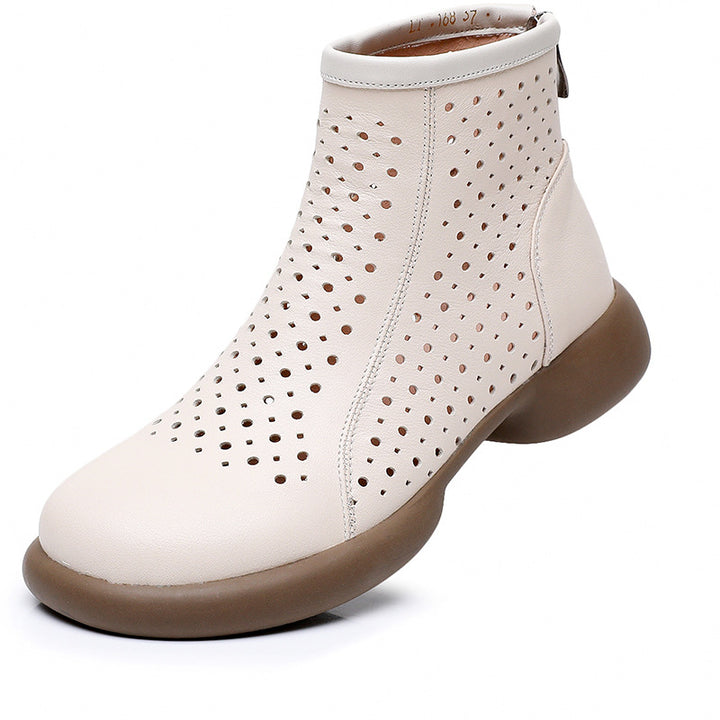 Women‘s Retro Cowhide Ankle Boots Vintage Round Toe Cutout Perforated Chunky Heels