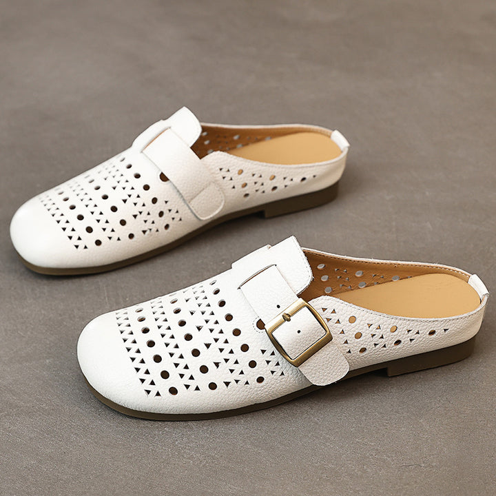 Women's Genuine Leather Buckle Mules Round Toe Backless Slip On Slides