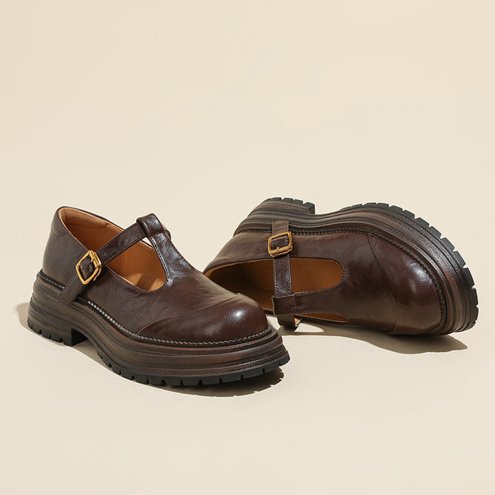 T-Buckle Platform Leather Comfortable Low Heel Women's Shoes