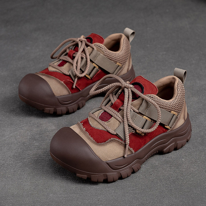 Women's Leather Colorblocking Big Head Lace Up Platform Casual Shoes
