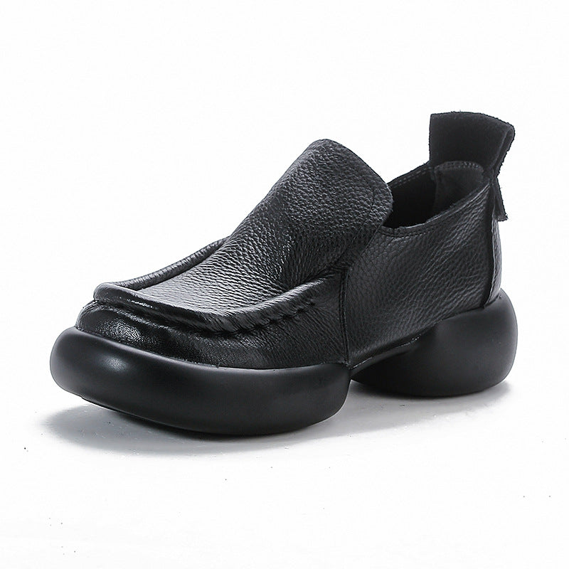 Women's Minimalist Platform Loafers - Leather Elevated Flats - Breathable Unlined Slip-Ons