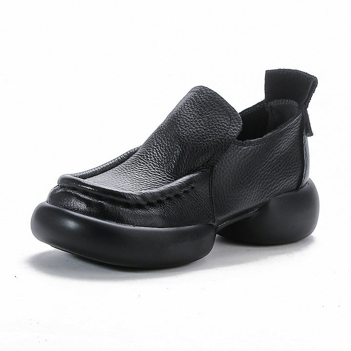 Women's Minimalist Platform Loafers - Leather Elevated Flats - Breathable Unlined Slip-Ons