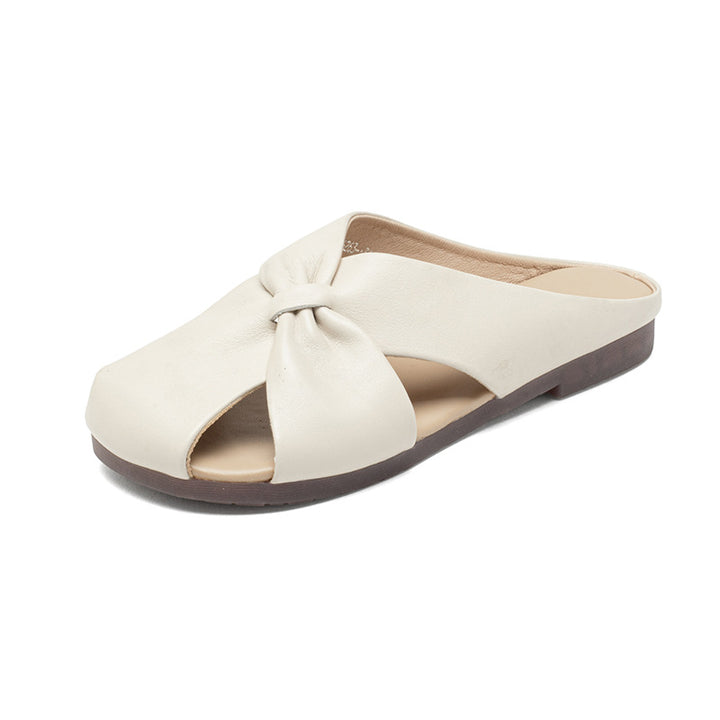 Women's Leather Mules - Closed Round Toe Flat Sandals Casual Slip-On Slides