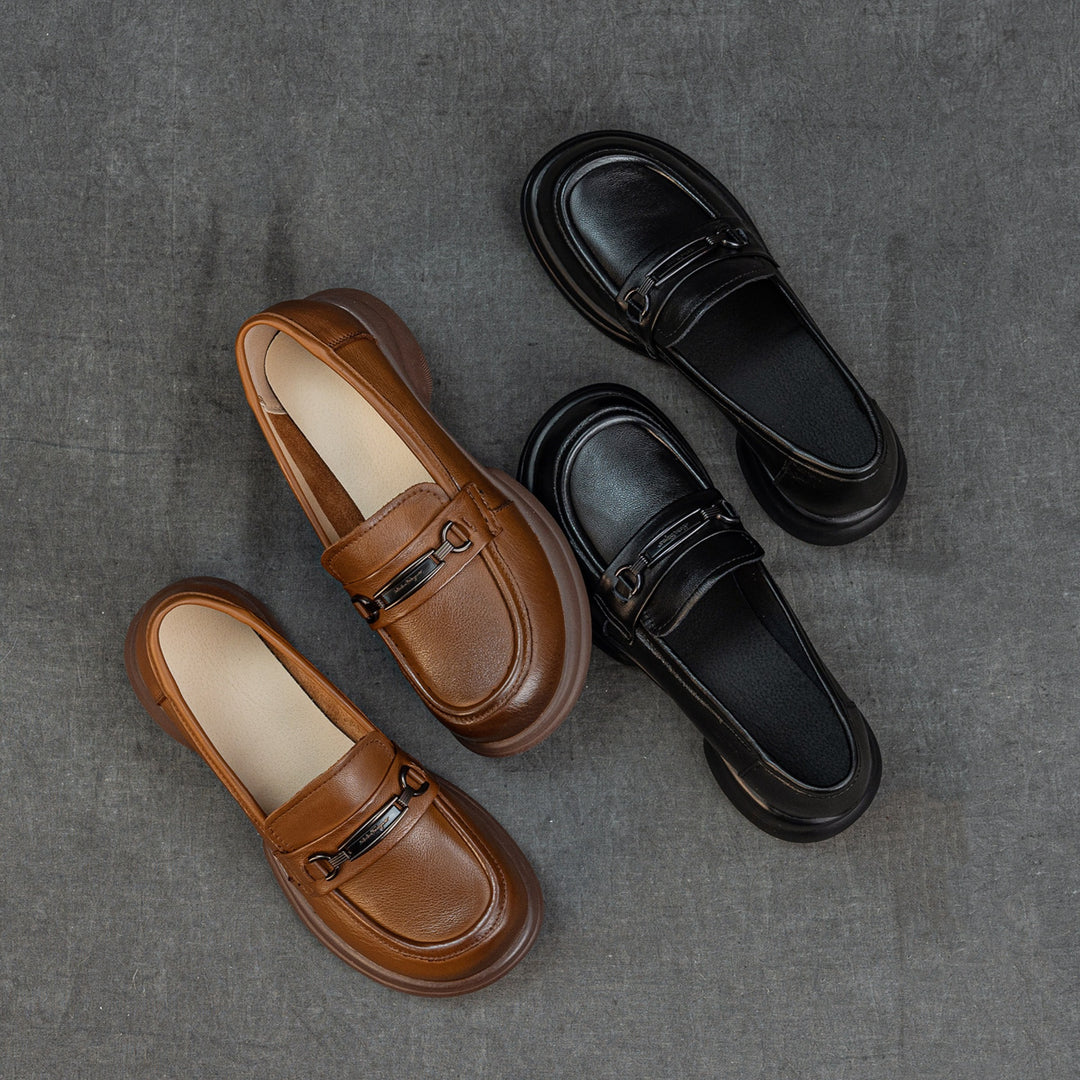 Women's Genuine Leather Loafers Round Toe Slip On Chunky Platform Shoes