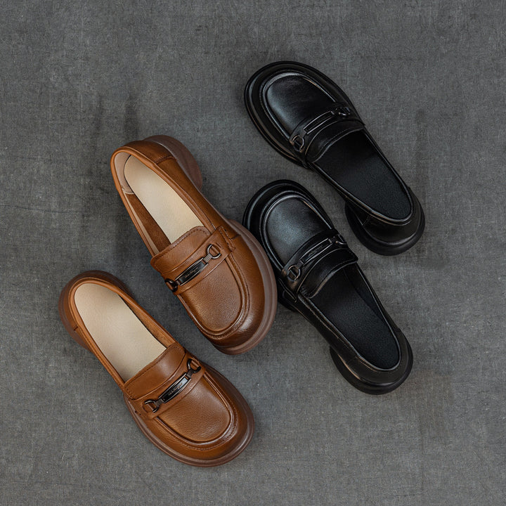 Women's Genuine Leather Loafers Round Toe Slip On Chunky Platform Shoes