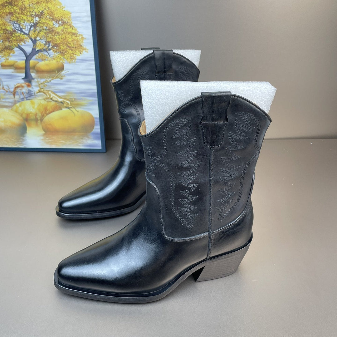 Women's Horsehide Western Cowboy Boots Embroidered Pointed Toe Chunky Heel Booties