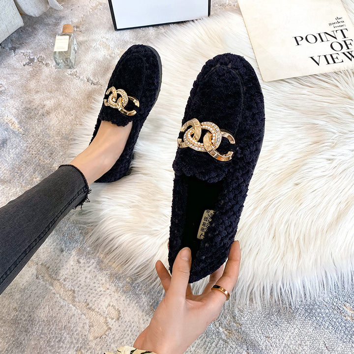 Women Metal Chain Winter Warm & Comfortable Plush Fur Loafers Shoes