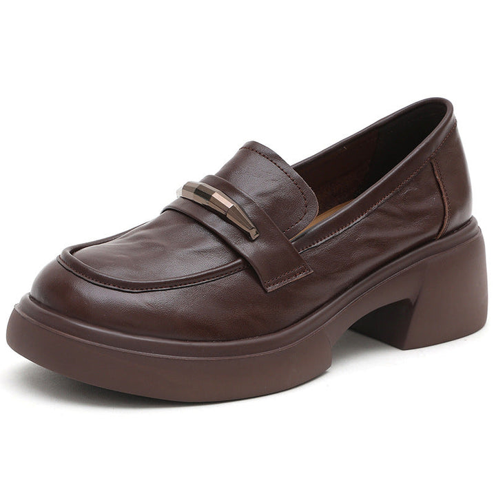 Women's Chunky Cowhide Loafers Platform Slip-On Modern Preppy Style