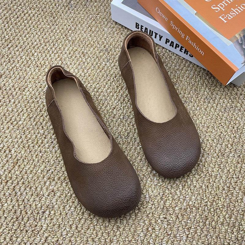 Women's Soft Leather Slip-On Flats – Minimalist Round Toe Casual Shoes