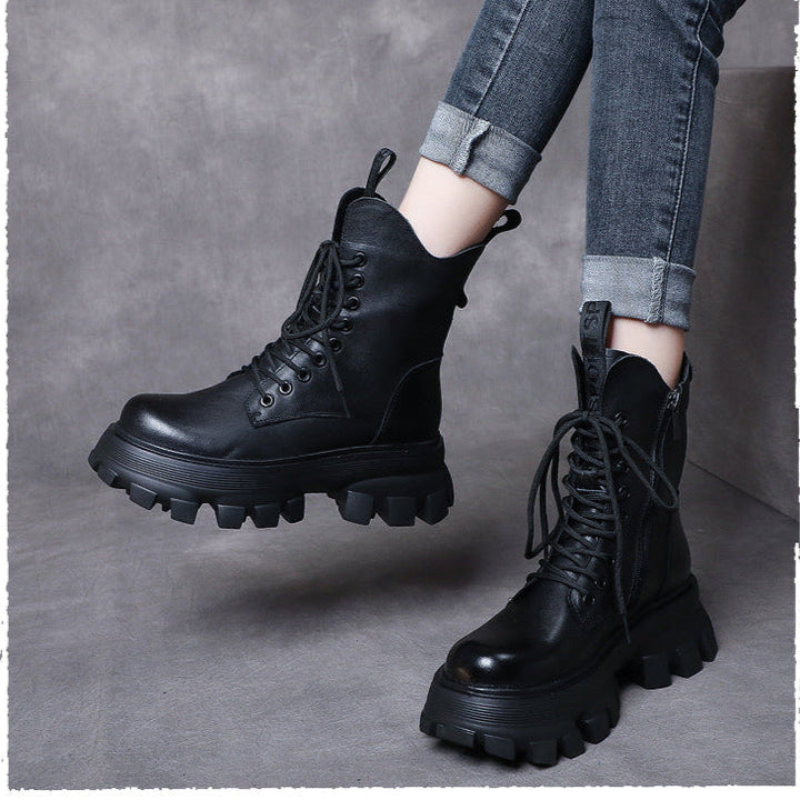 Women's Chunky Sole Combat Boots – Genuine Leather Lace-Up Ankle Boots