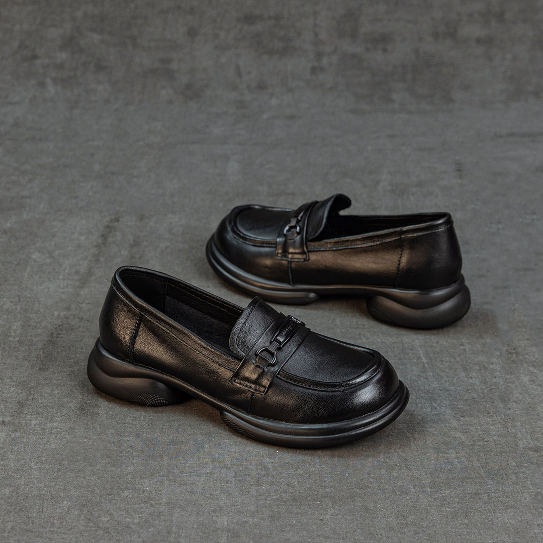 Women's Genuine Leather Loafers Round Toe Slip On Chunky Platform Shoes