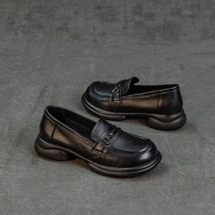 Women's Genuine Leather Loafers Round Toe Slip On Chunky Platform Shoes
