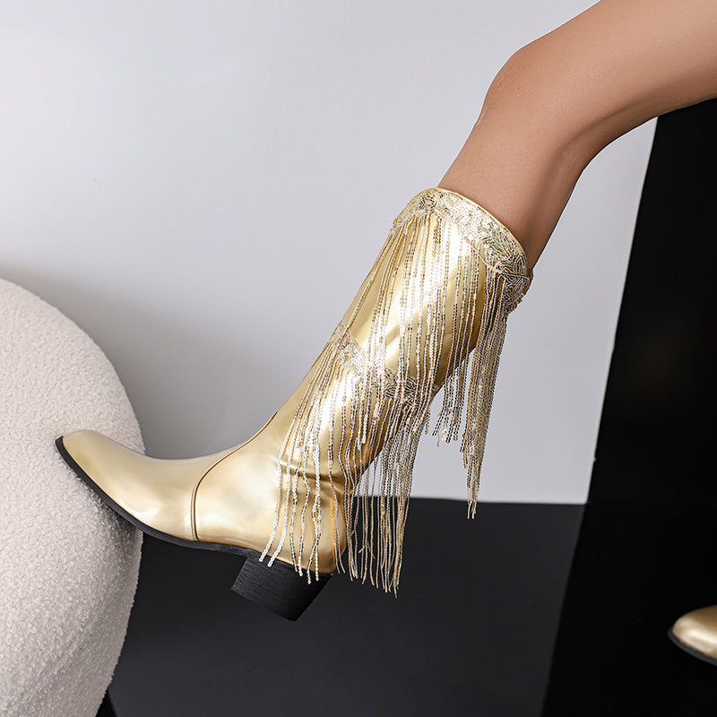 Womens Fringe & Sequins Decor Point Toe Chunky Heeled Western Boots