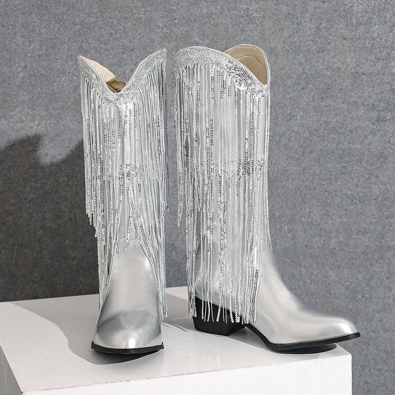 Womens Fringe & Sequins Decor Point Toe Chunky Heeled Western Boots