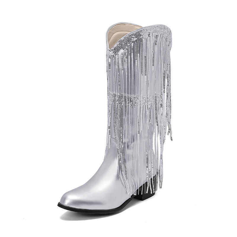 Womens Fringe & Sequins Decor Point Toe Chunky Heeled Western Boots