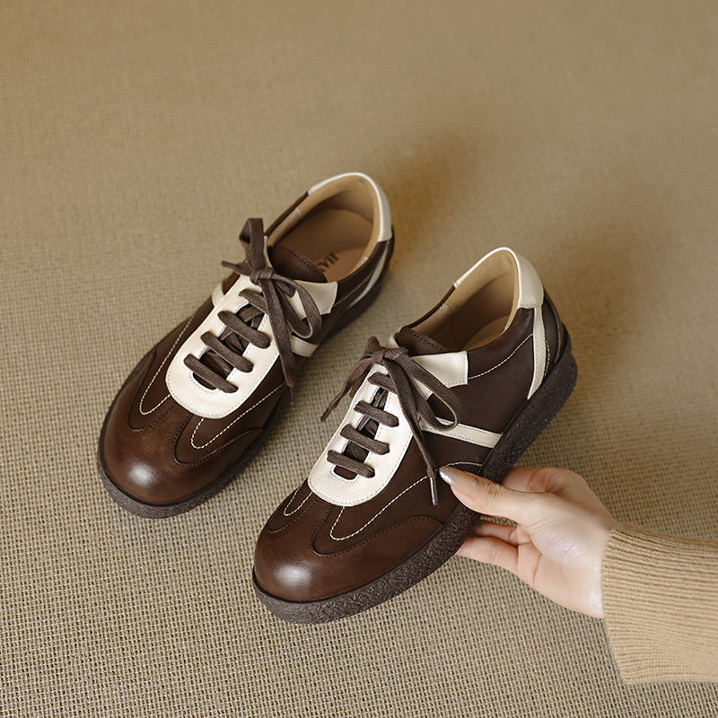 Women's Washed Horse Leather Sneakers - Vintage GAT Style Contrast Lace-up