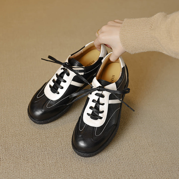 Women's Washed Horse Leather Sneakers - Vintage GAT Style Contrast Lace-up