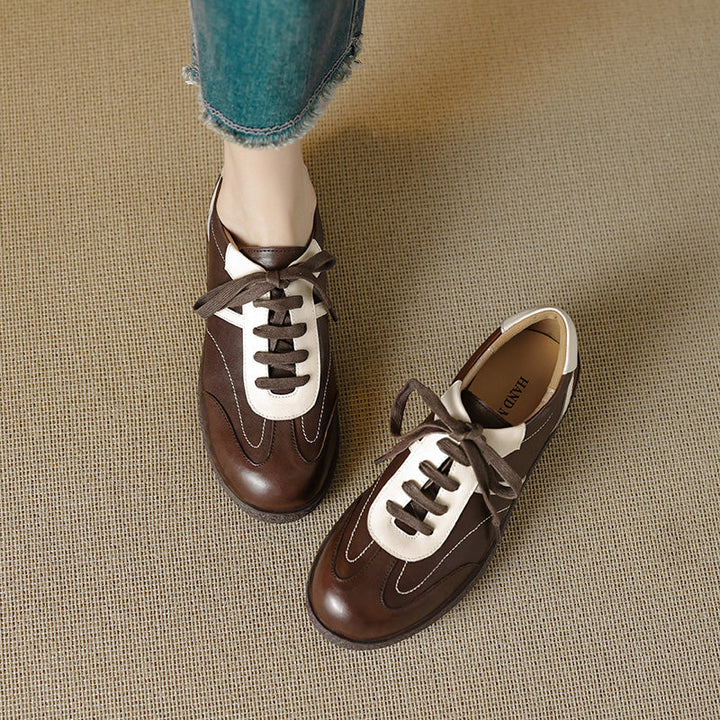 Women's Washed Horse Leather Sneakers - Vintage GAT Style Contrast Lace-up