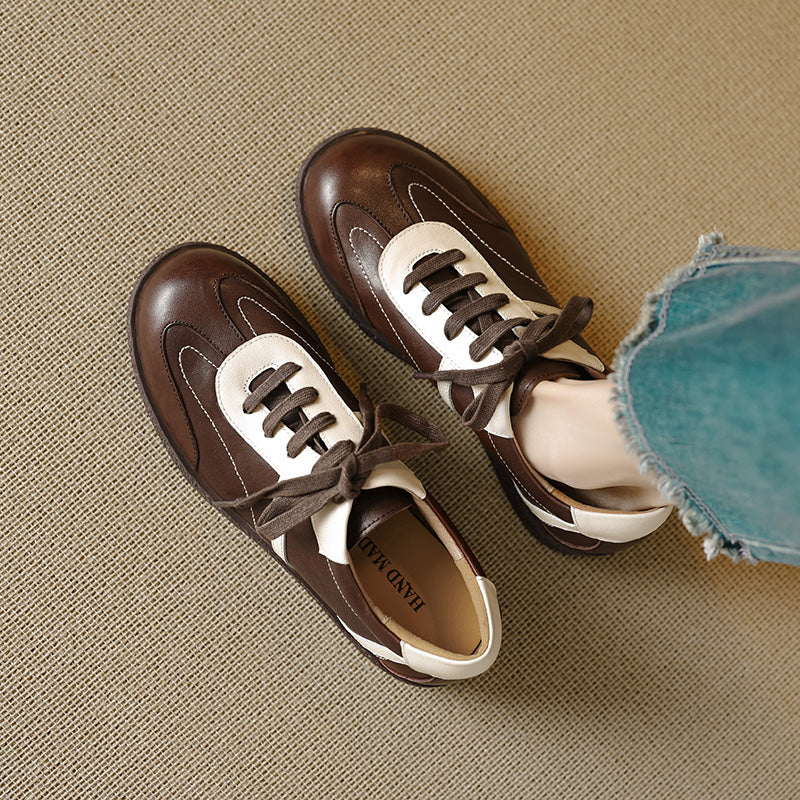 Women's Washed Horse Leather Sneakers - Vintage GAT Style Contrast Lace-up