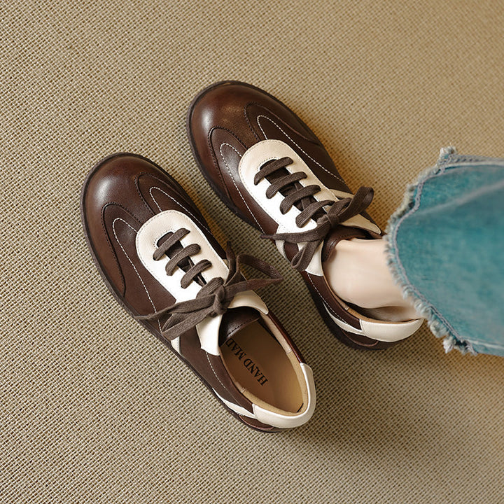 Women's Washed Horse Leather Sneakers - Vintage GAT Style Contrast Lace-up