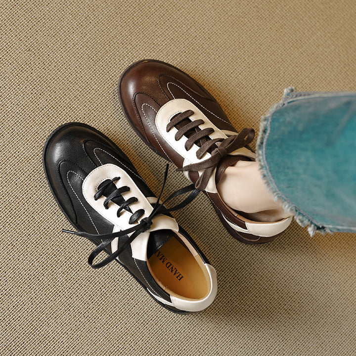 Women's Washed Horse Leather Sneakers - Vintage GAT Style Contrast Lace-up