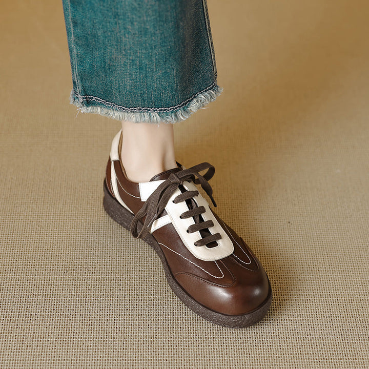 Women's Washed Horse Leather Sneakers - Vintage GAT Style Contrast Lace-up