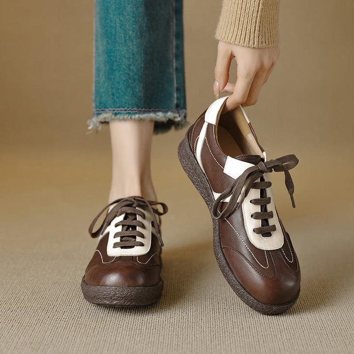 Women's Washed Horse Leather Sneakers - Vintage GAT Style Contrast Lace-up