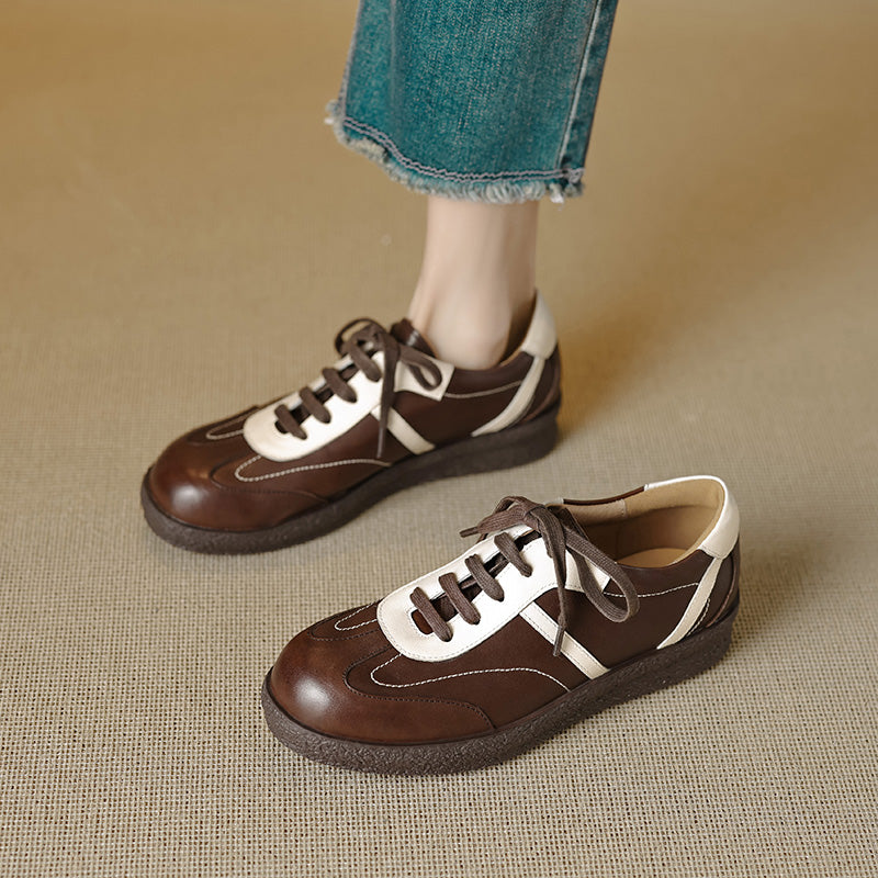 Women's Washed Horse Leather Sneakers - Vintage GAT Style Contrast Lace-up