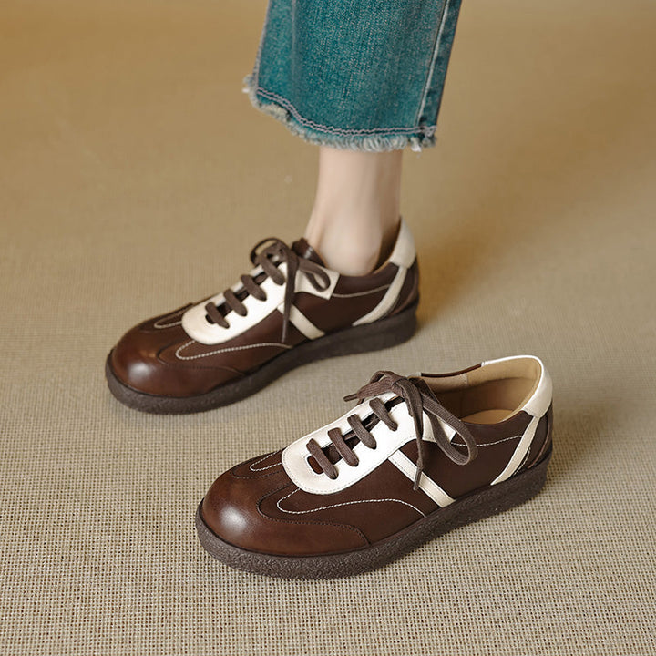 Women's Washed Horse Leather Sneakers - Vintage GAT Style Contrast Lace-up
