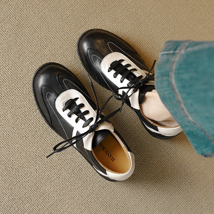 Women's Washed Horse Leather Sneakers - Vintage GAT Style Contrast Lace-up