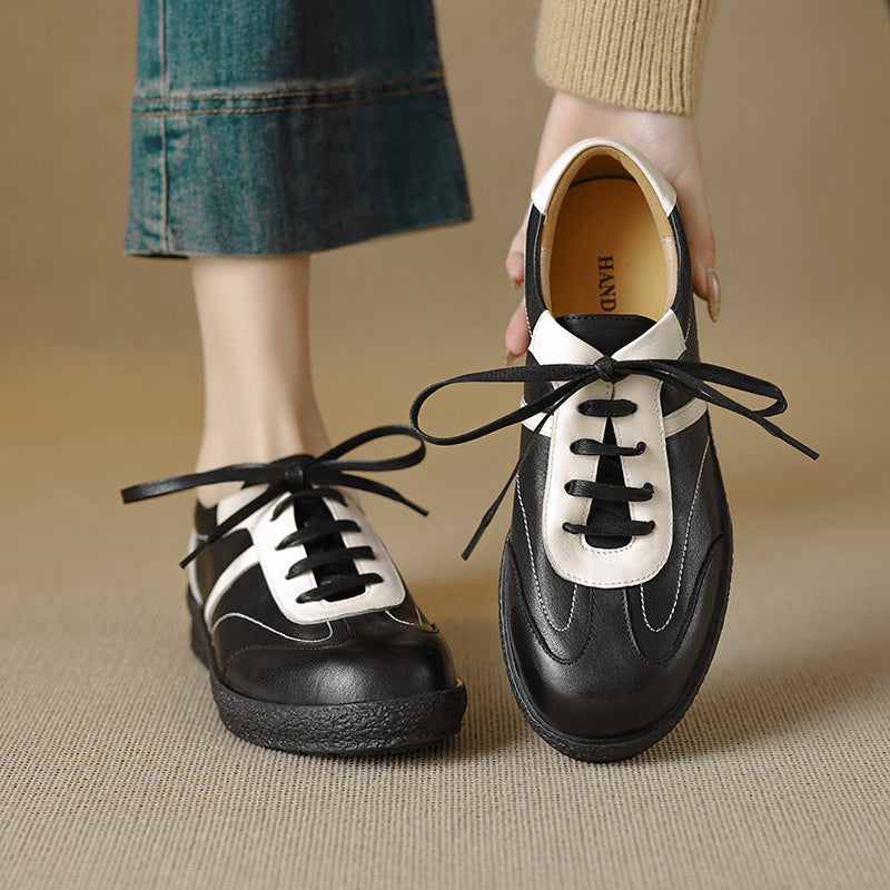 Women's Washed Horse Leather Sneakers - Vintage GAT Style Contrast Lace-up
