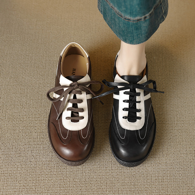 Women's Washed Horse Leather Sneakers - Vintage GAT Style Contrast Lace-up